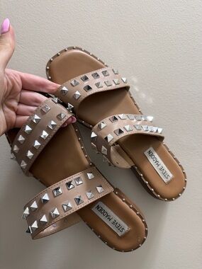 Steve Madden Rose Tan Studded Double Strap Slides